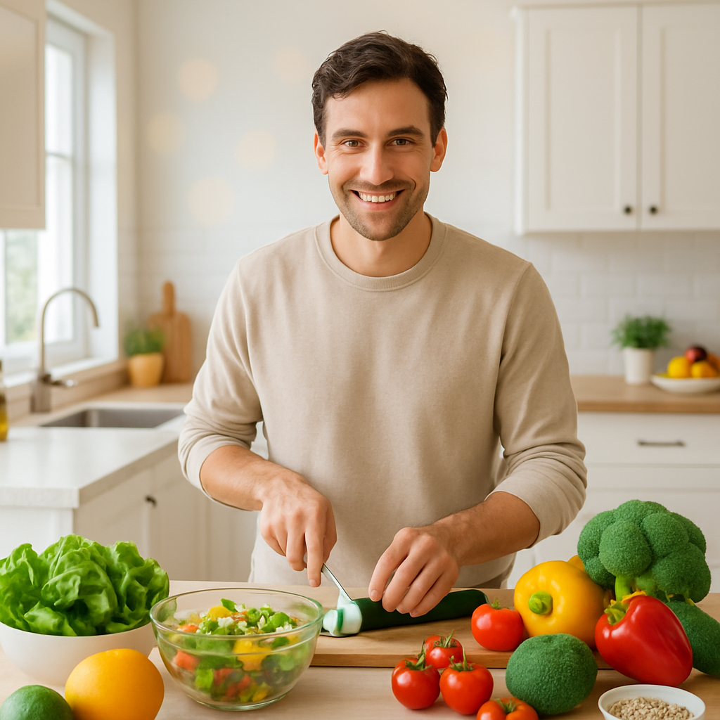 Fresh vibrant kitchen with healthy ingredients and a smiling adult preparing a colorful meal