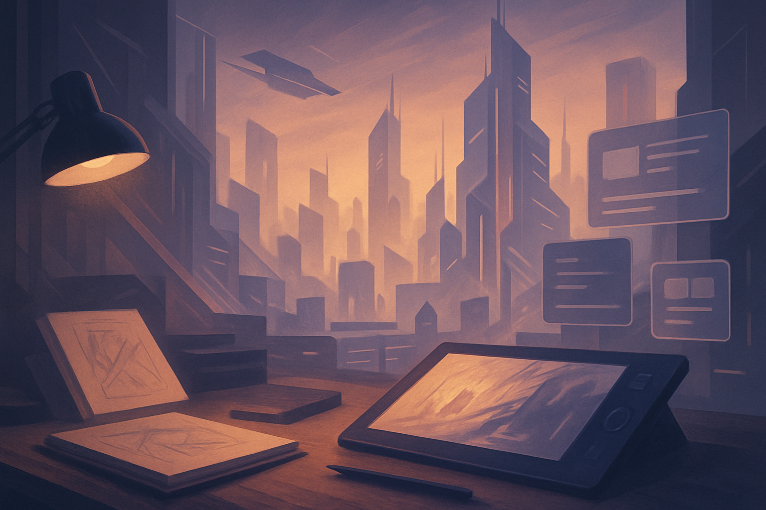 Wide concept-art editorial banner showing an illustrator's desk merging into a futuristic 3D cityscape with layered sketches, luminous screens, and cinematic atmosphere