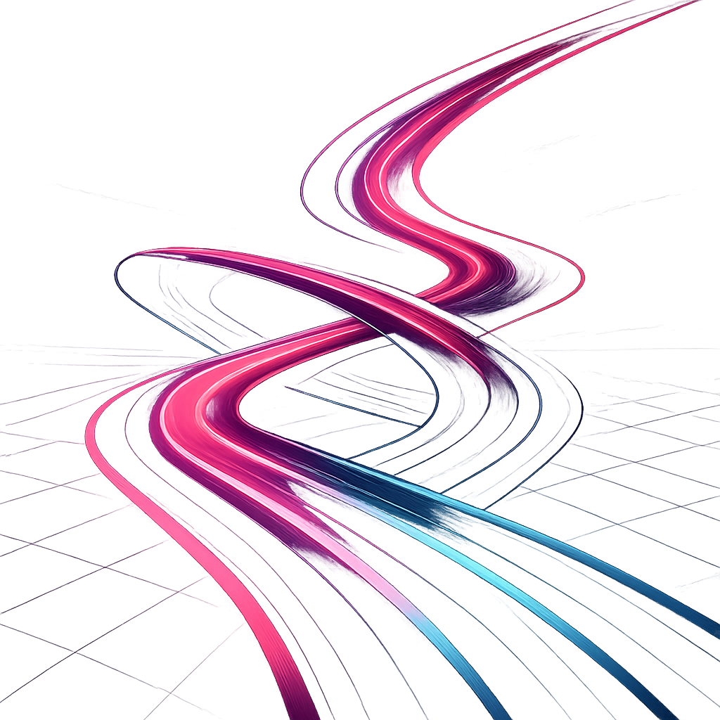 Neon racetrack of glowing ribbons crossing a midnight grid