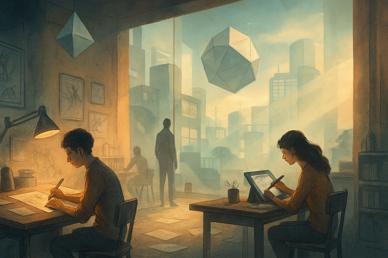 Cinematic editorial scene blending hand-drawn illustration with atmospheric 3D design in a creative studio skyline