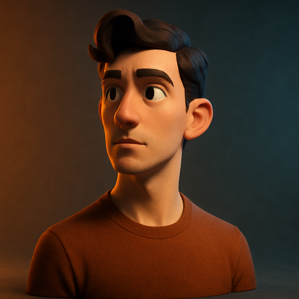 3D character bust lit with warm and cool studio lights against a neutral set