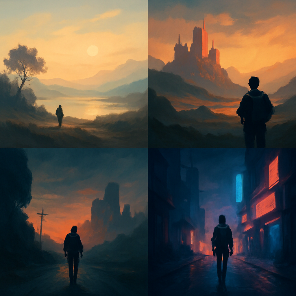 Sequence of color script panels showing mood shifts from dawn to neon night