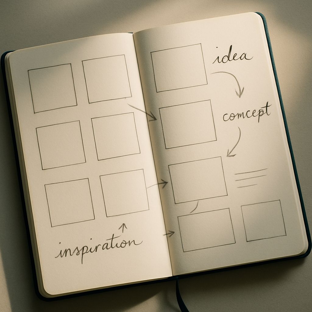 Creative notebook spread with thumbnails, arrows, and concept prompts