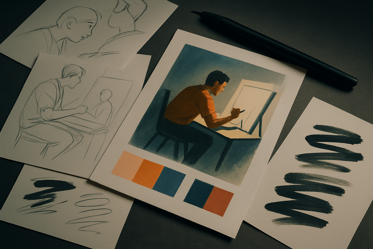 Editorial illustration concept sheets and layered color studies on a designer desk