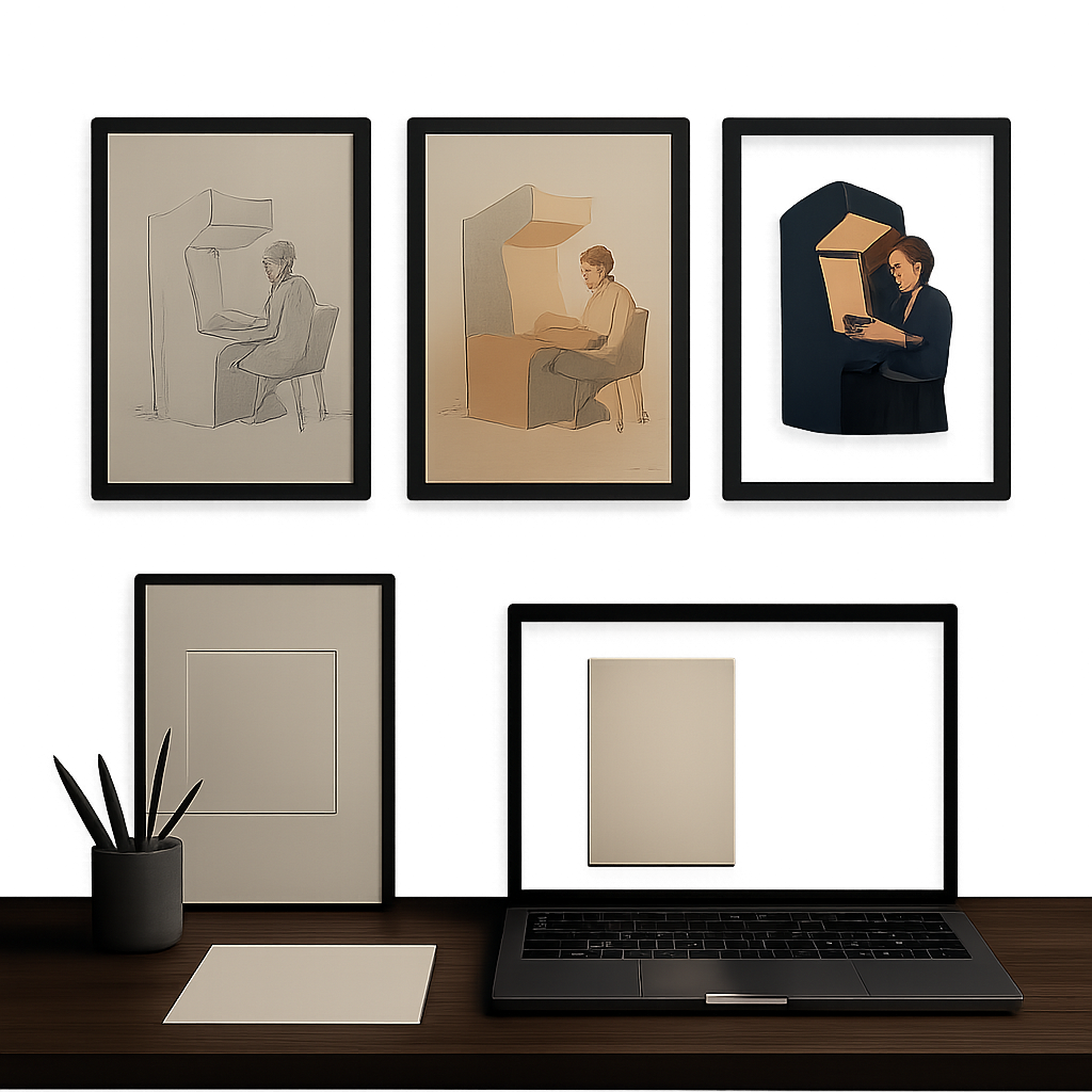 Digital portfolio layout showing before-and-after concept development frames
