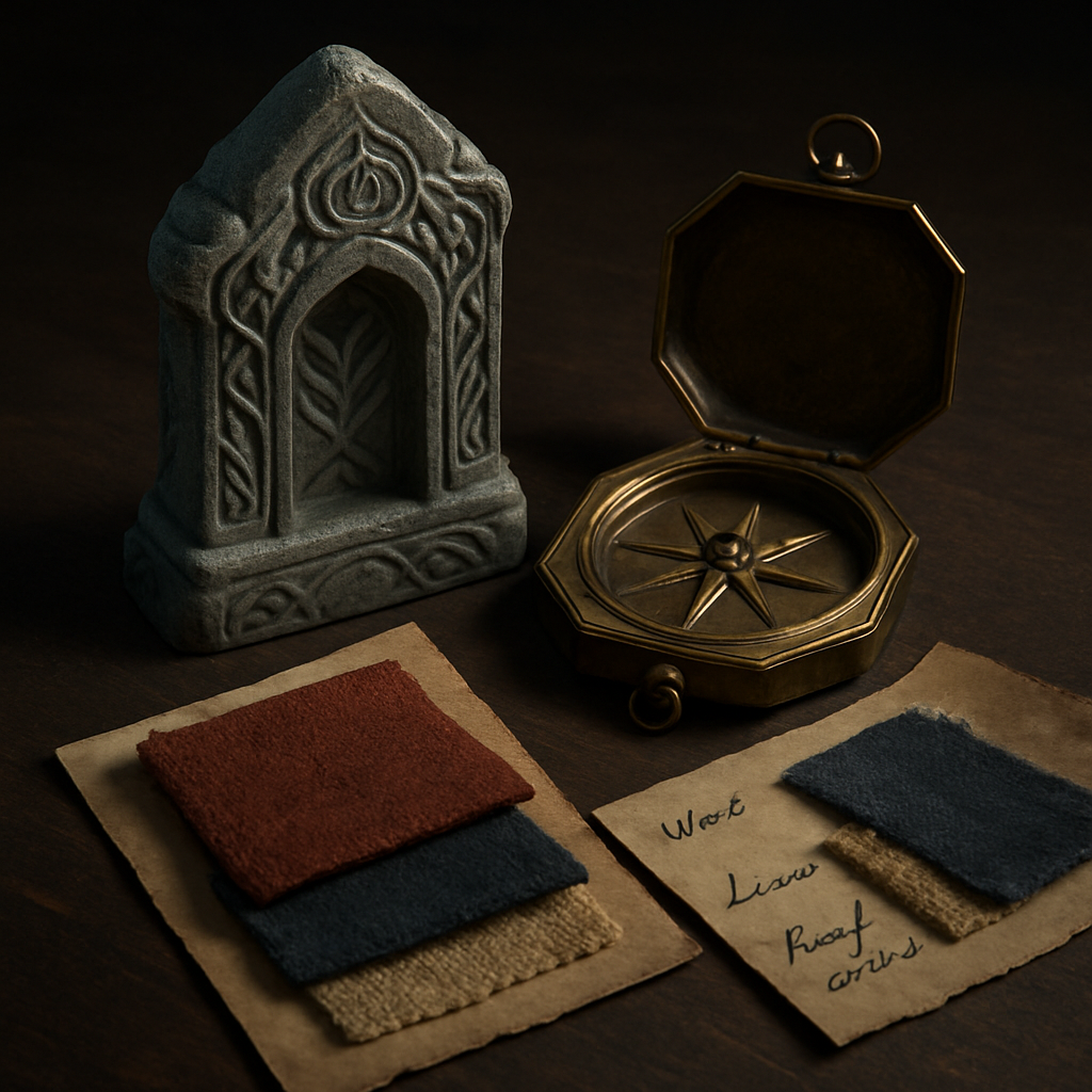 Set of stylized props and material callouts for a fantasy worldbuilding brief