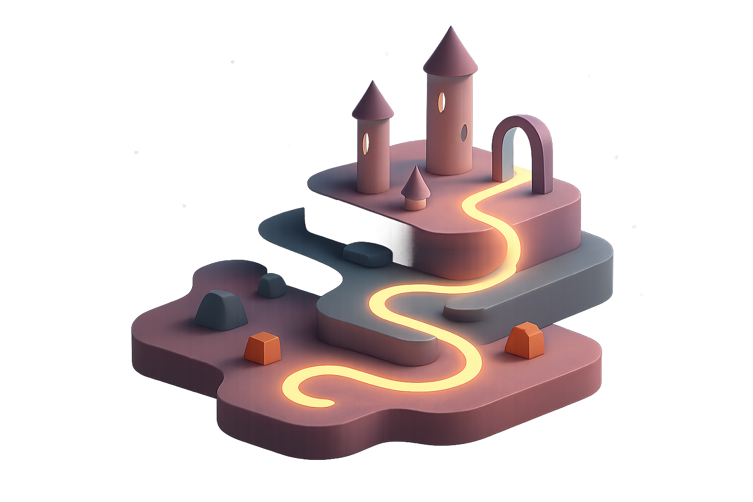 Stylized floating game-world diorama with glowing pathways, miniature towers, and playful 3D terrain