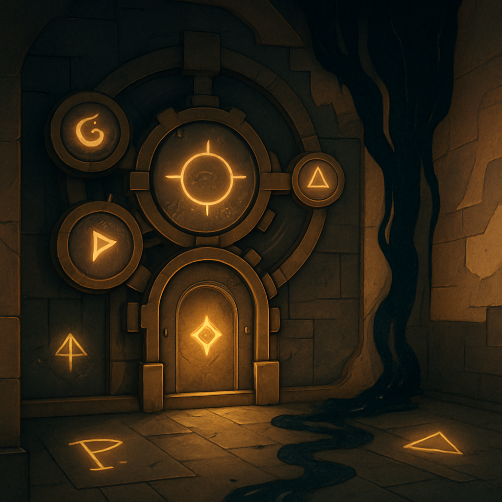 Illustrated vault chamber with animated ink streams and mechanical sigils