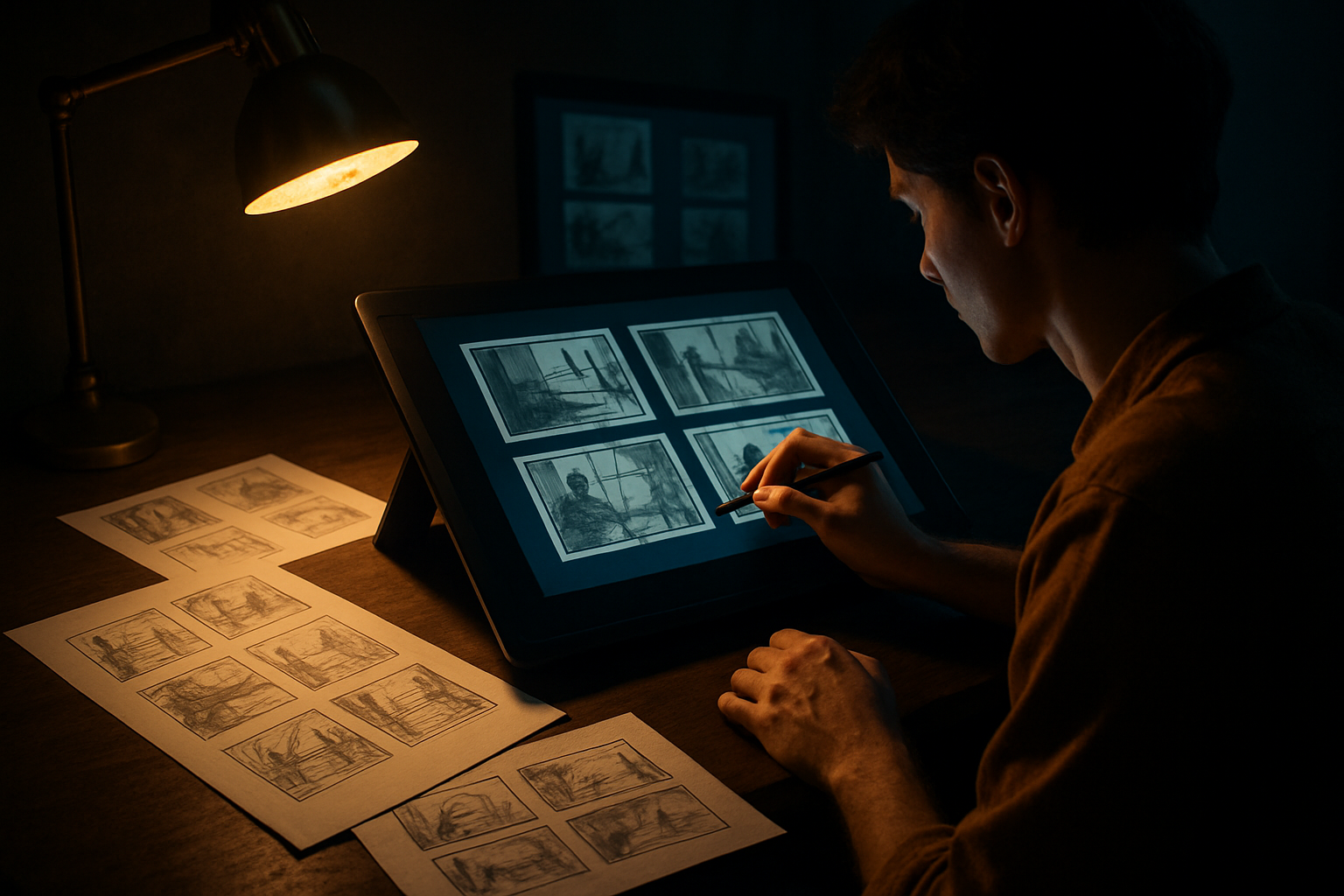 Digital illustrator arranging cinematic storyboard frames on a wide desk with layered sketch sheets and glowing monitor light