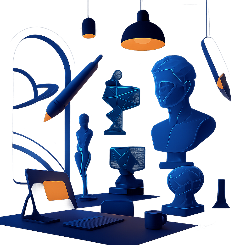 Orbital art studio with floating tools and holographic sculpture fragments