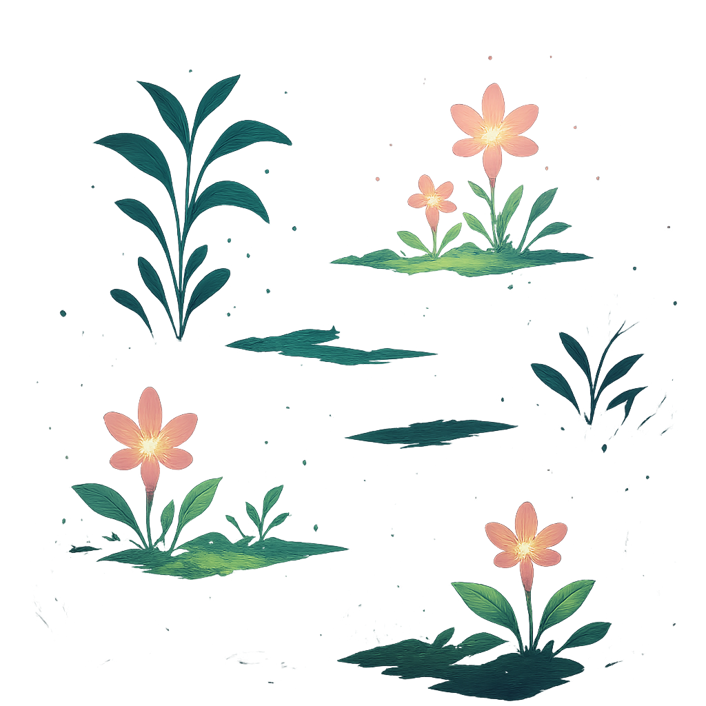 Bioluminescent pixel garden with layered platforms and glowing flora