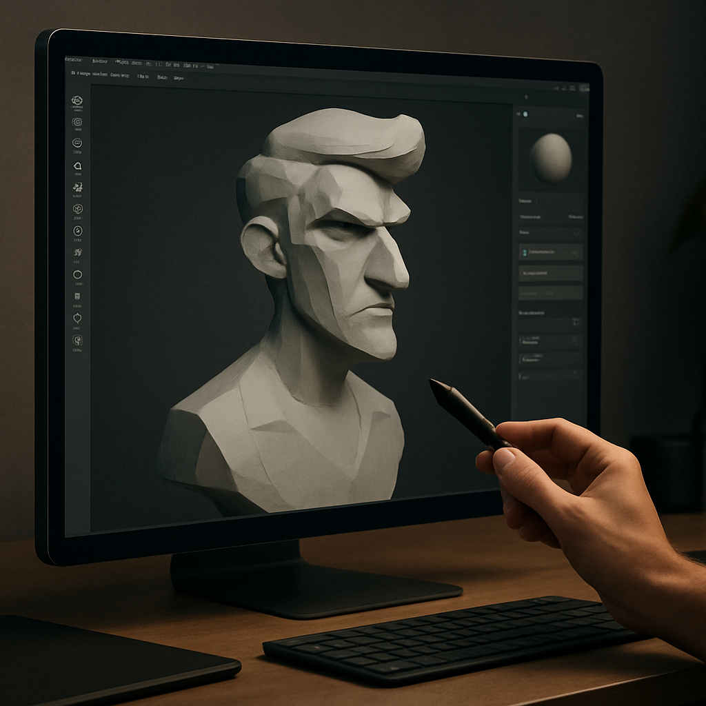 3D artist sculpting a stylized character bust in gray clay material on a software viewport