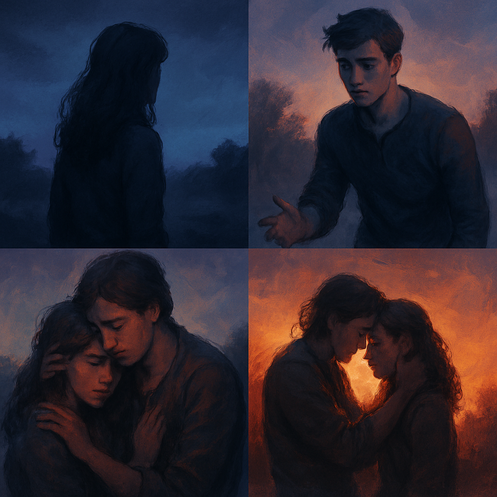 Series of color script panels showing mood progression from cool dusk blues to warm amber highlights