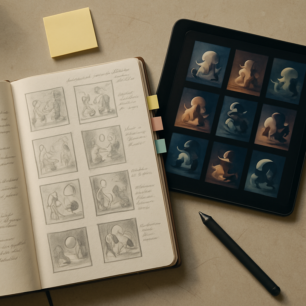Open sketchbook with thumbnail ideas, sticky notes, and a tablet showing iterative concept variations