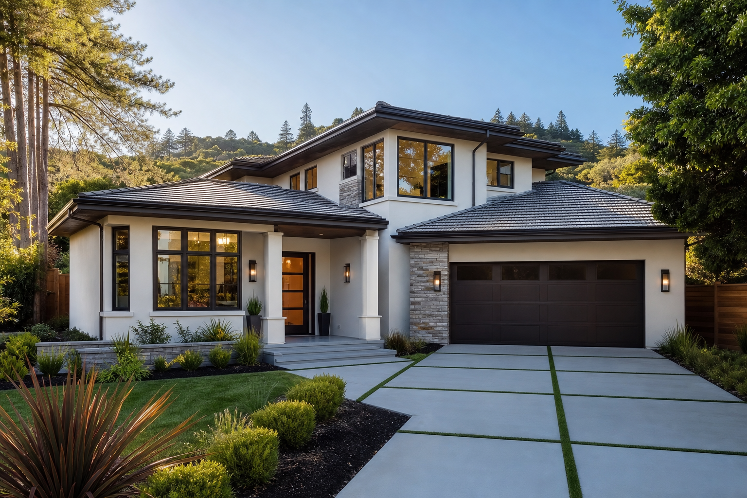 Photorealistic West Coast residential home with modern renovated exterior in natural daylight
