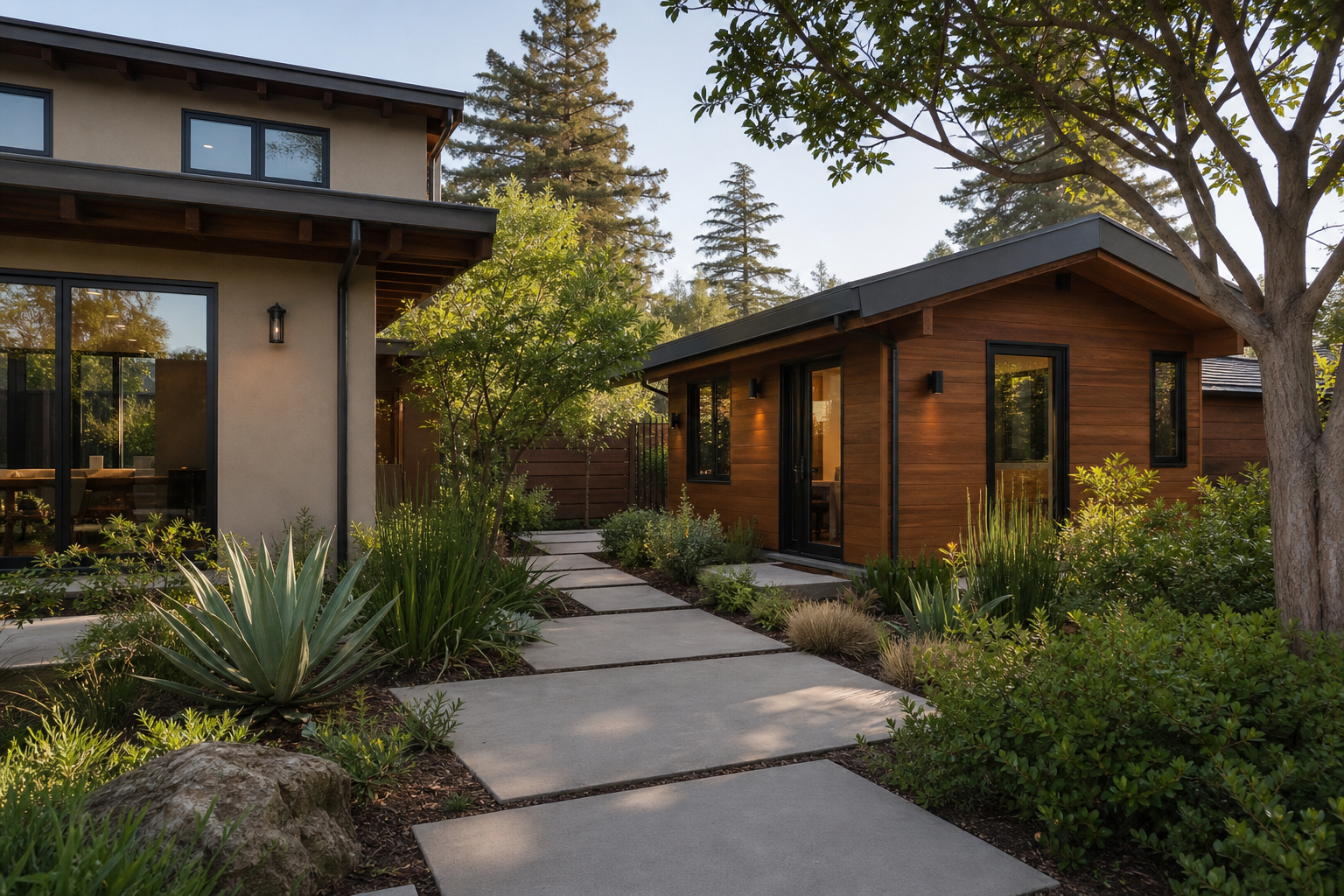 Photorealistic modern detached ADU beside a primary West Coast residence, practical family-living scale with contemporary lines, warm exterior materials, and natural landscaping