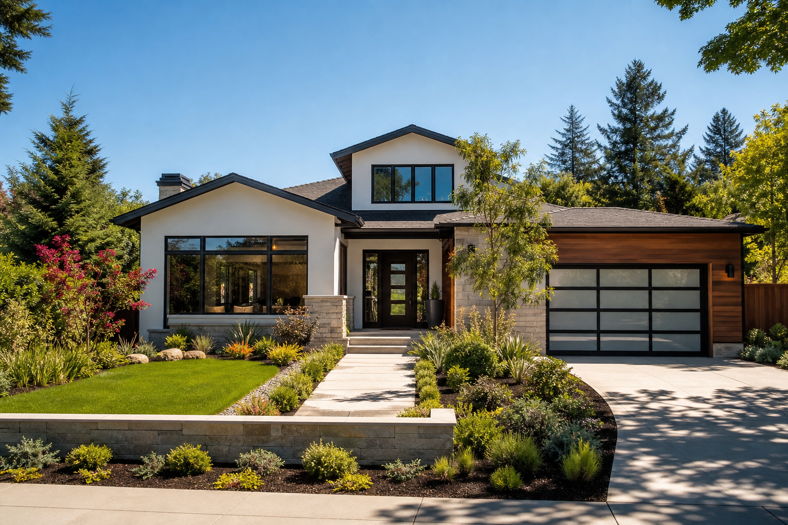 Photorealistic West Coast residential home with modern renovated architecture, natural daylight, and refined landscaping