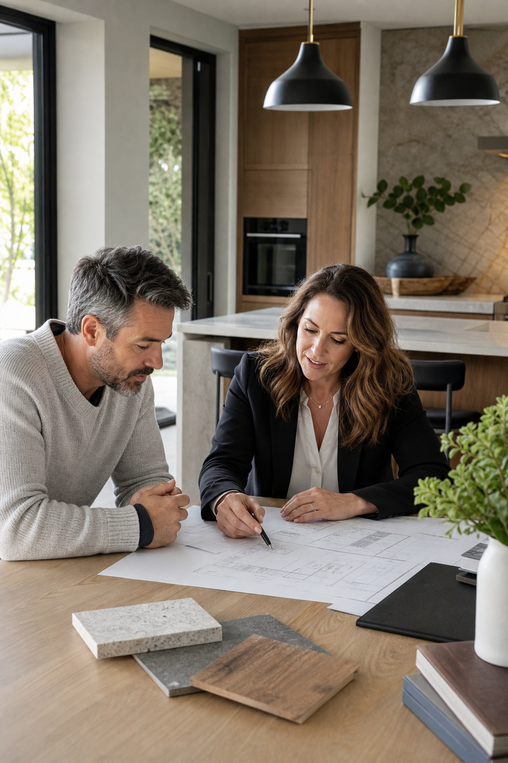 Calm homeowner reviewing renovation plans with a home improvement advisor at a kitchen table in a naturally lit residential home.