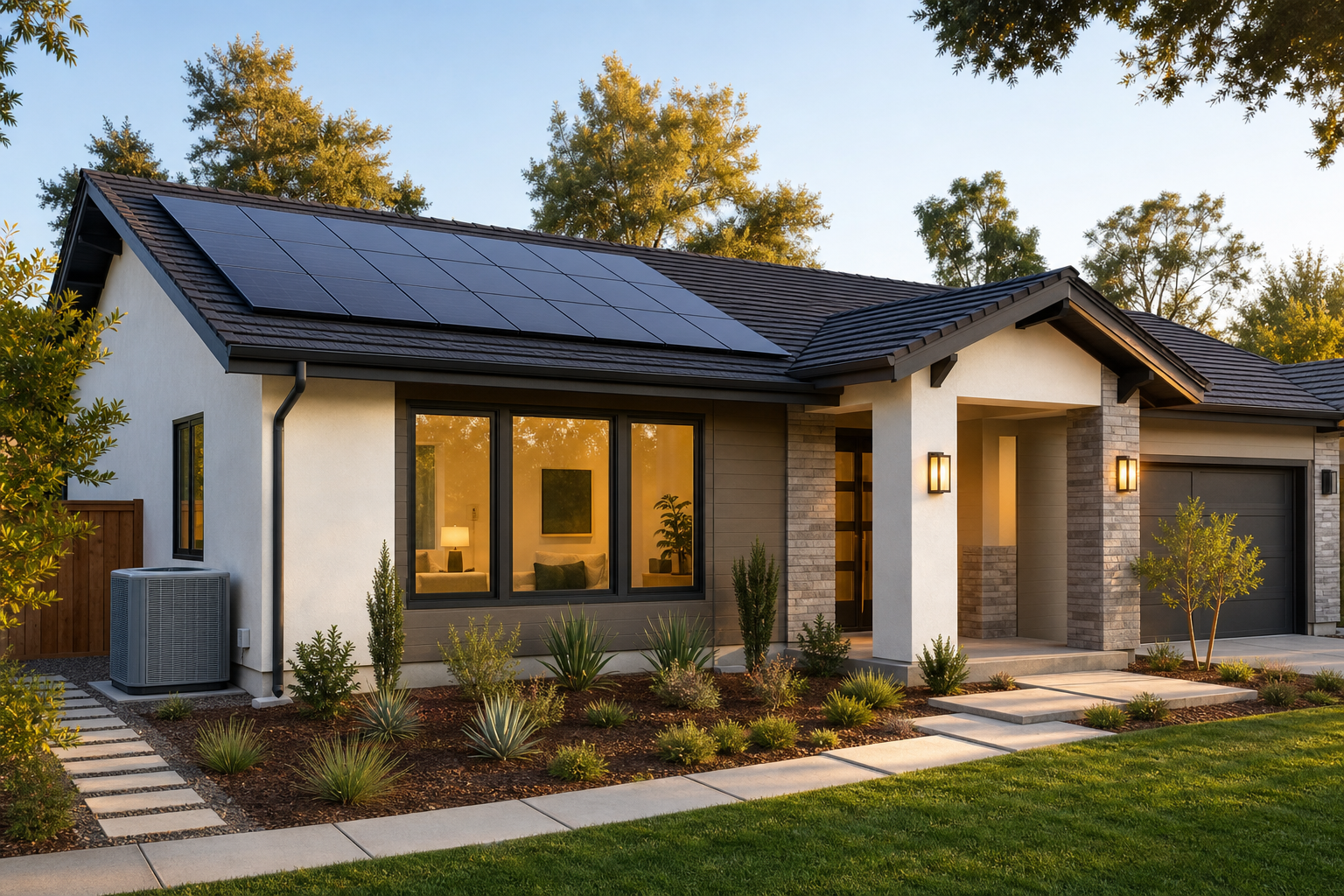 Photorealistic West Coast residential home with roof-integrated solar panels, clean exterior, and visible home-comfort cues in warm natural daylight