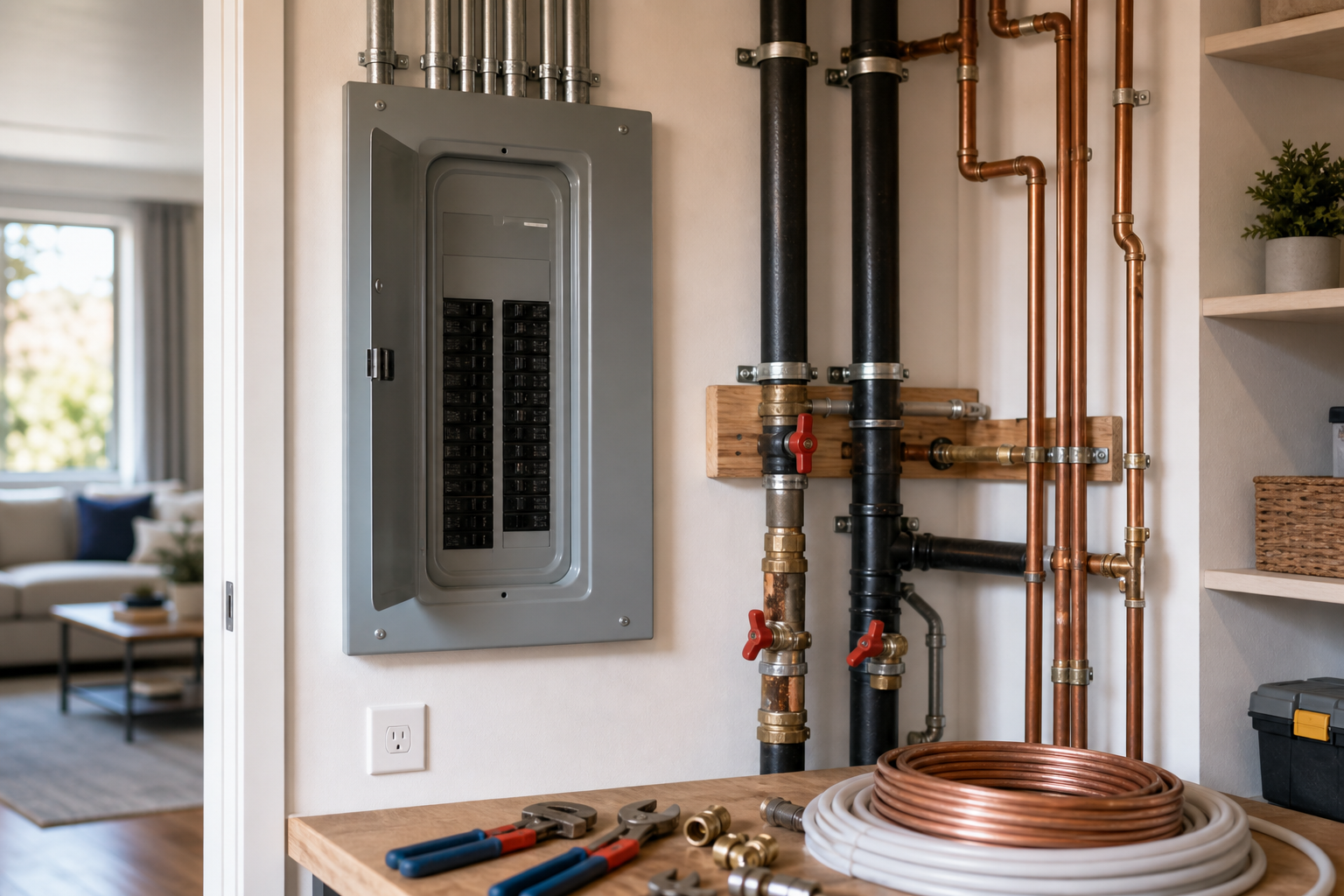Photorealistic modern residential interior utility setting with clean professional electrical and plumbing improvement work, no visible faces, and a homeowner-focused renovation context