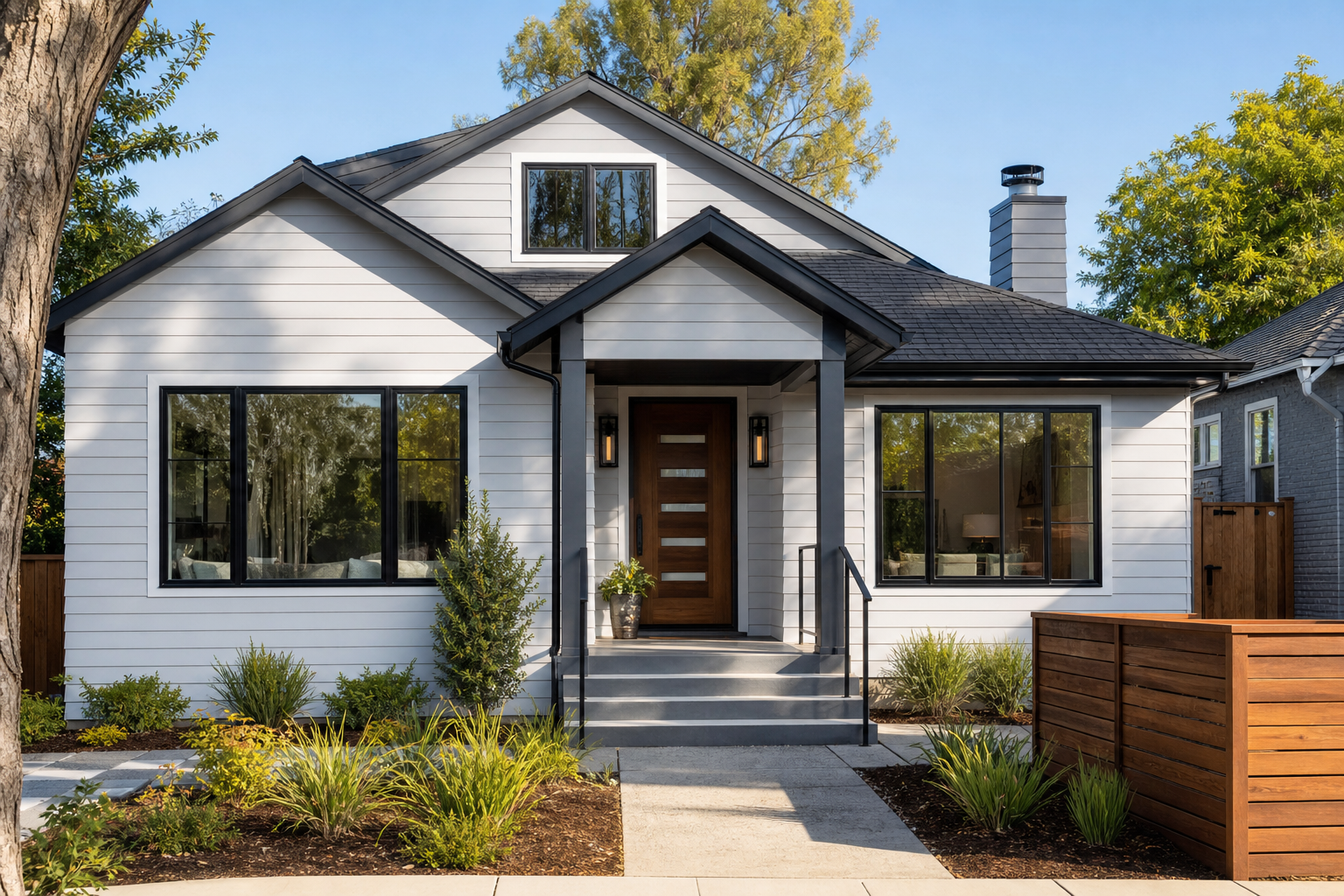 Photorealistic West Coast residential home exterior showing updated roofing, modern windows and doors, clean siding, and a neat fence with natural daylight