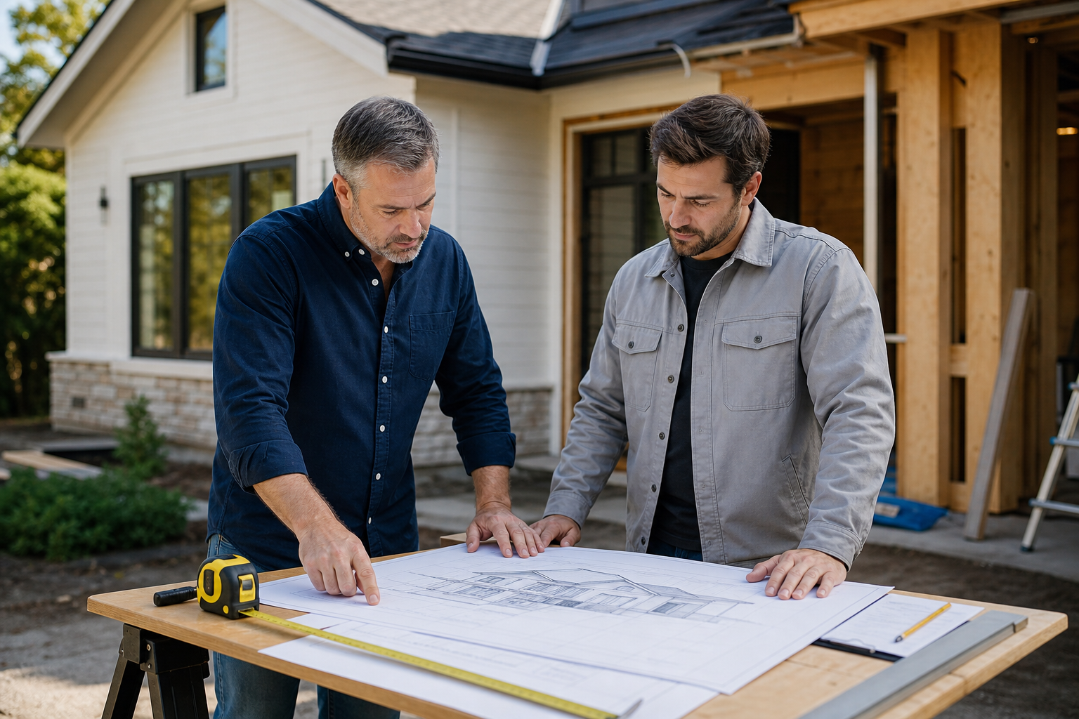 Project manager and residential contractor reviewing printed home renovation plans beside a partially updated house exterior