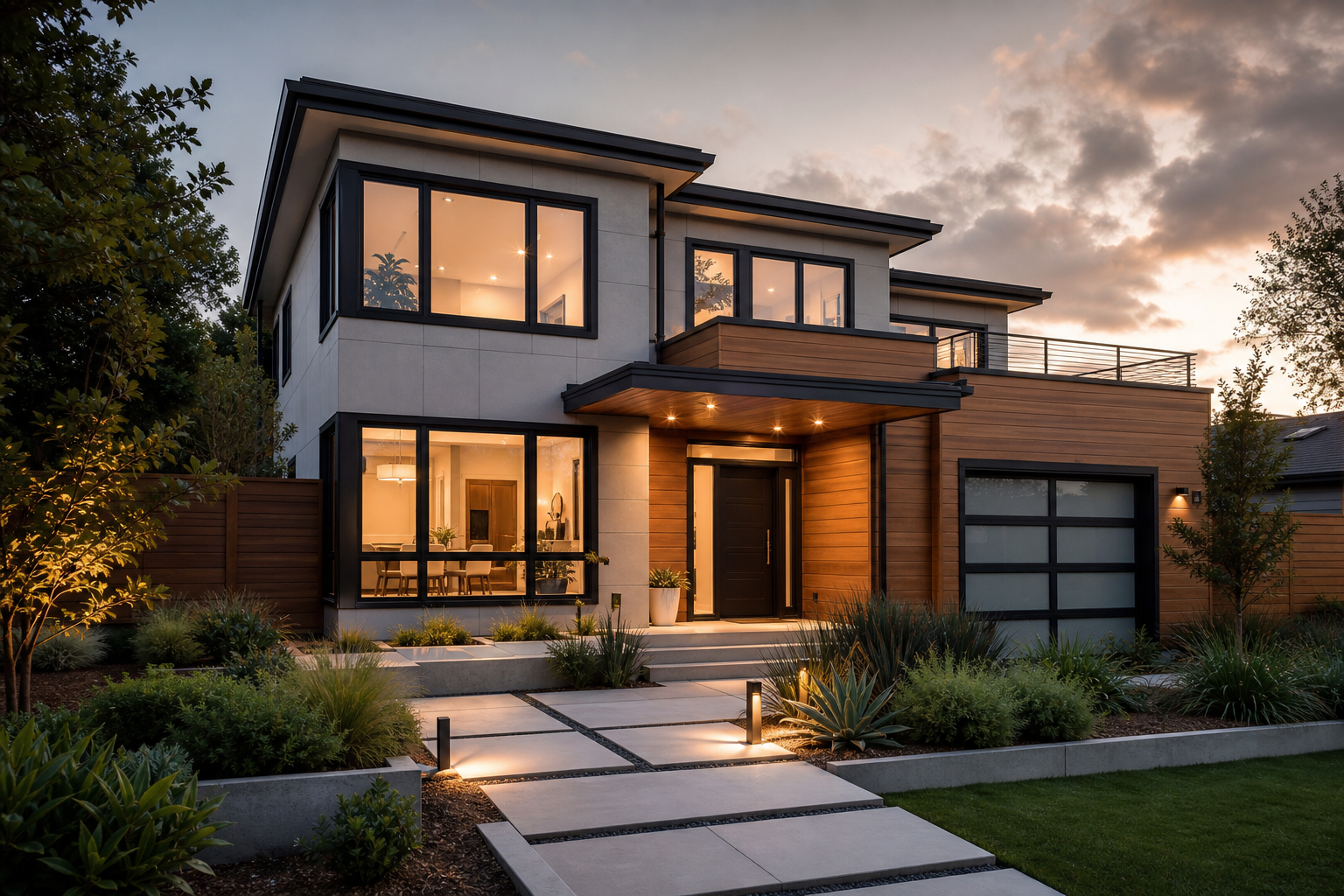 Refined modern residential exterior with clean architectural lines, updated facade materials, warm interior lighting, and landscaped entryway at dusk