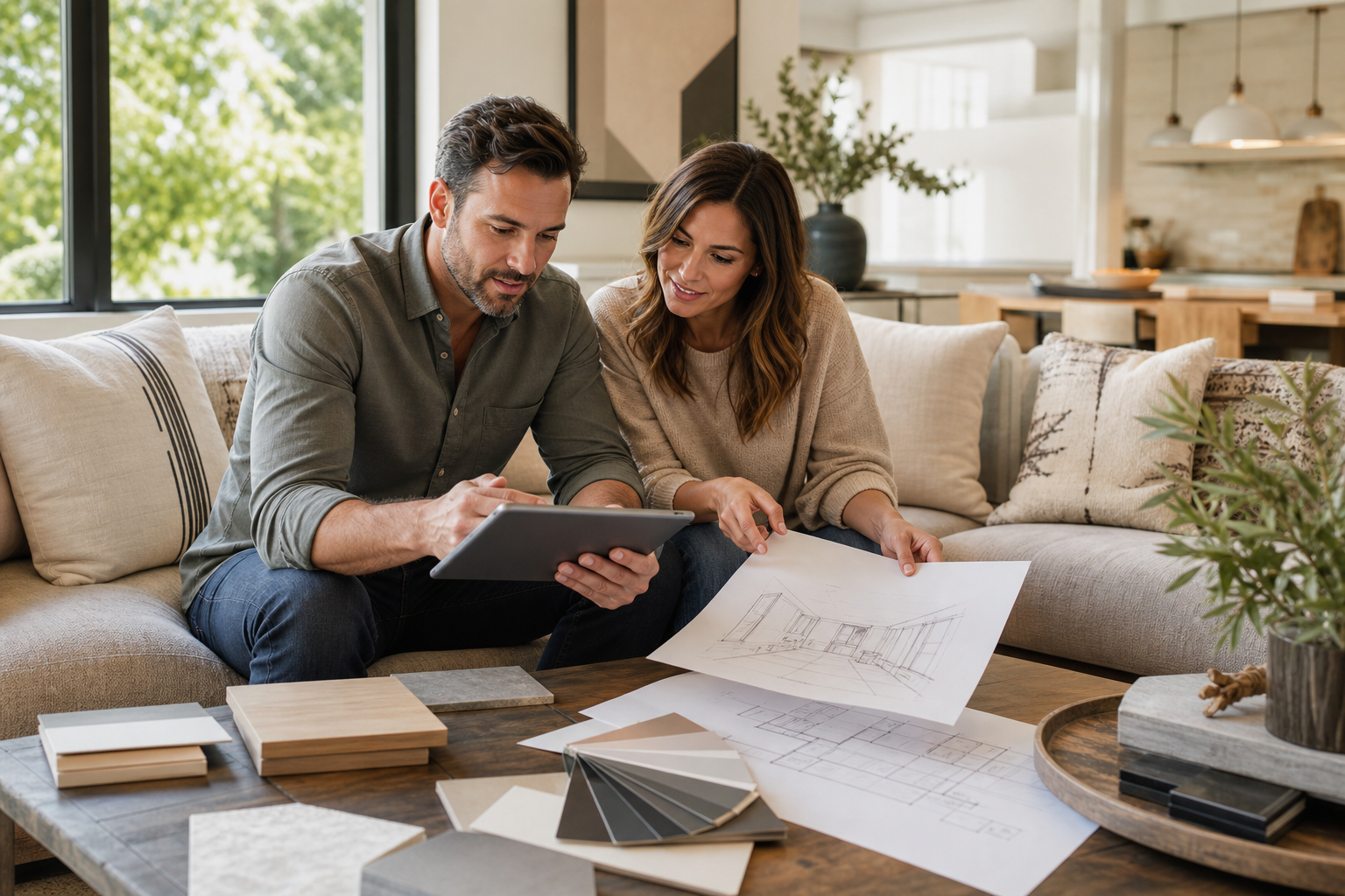 Homeowners reviewing home improvement plans together in a bright, modern residential living space with natural daylight