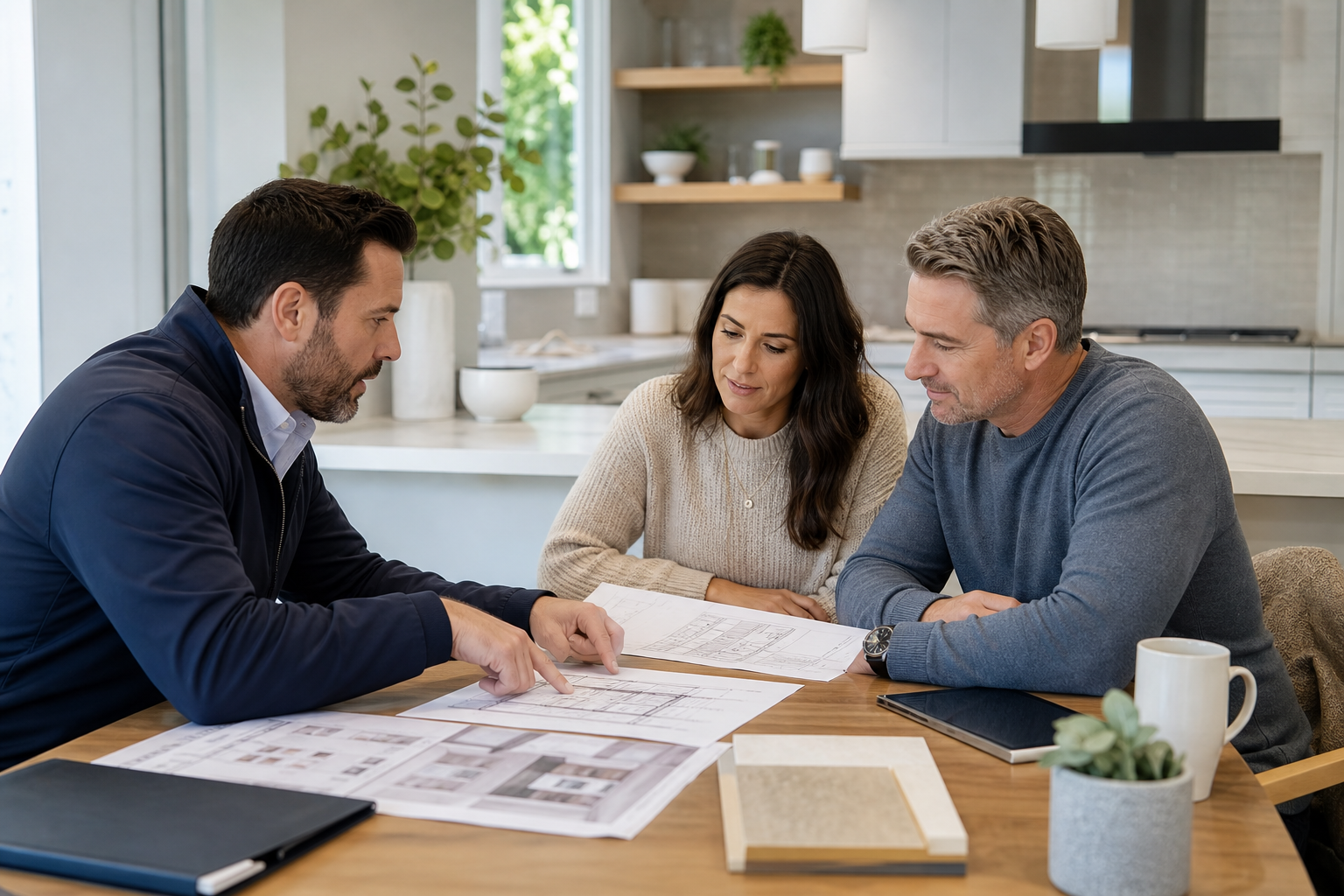 Two homeowners reviewing renovation plans with a home improvement advisor at a kitchen table in a bright residential setting