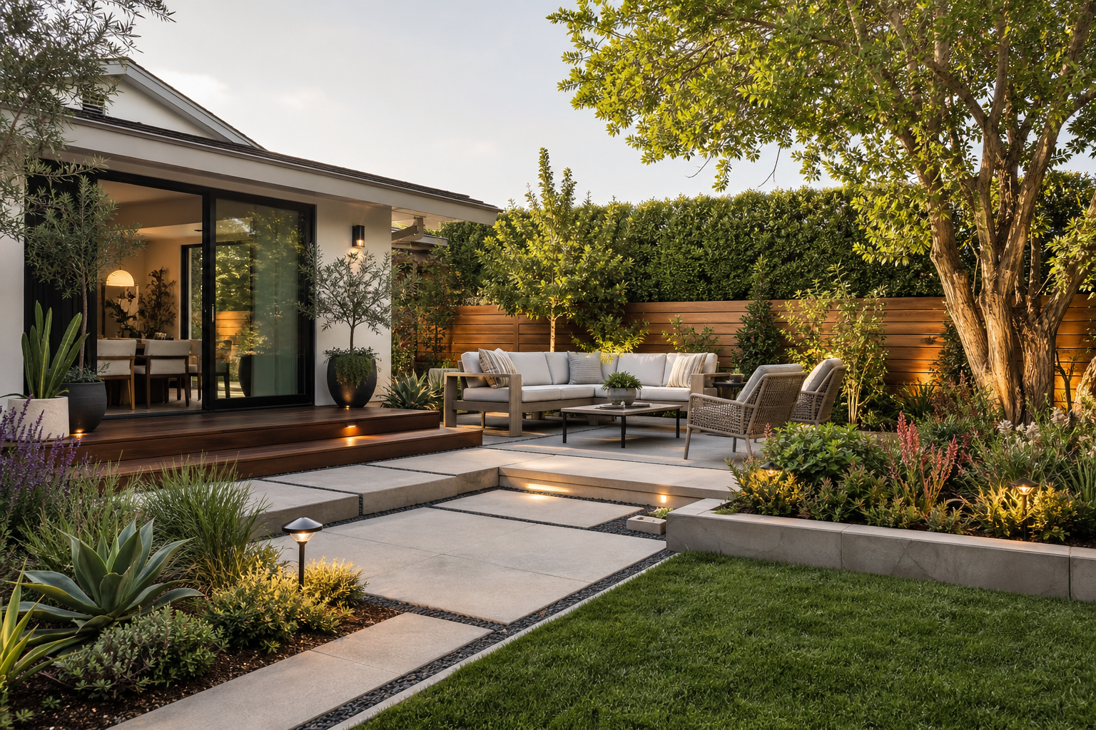 Photorealistic West Coast residential backyard with fresh landscaping, hardscaping, patio seating area, and inviting greenery in warm natural daylight