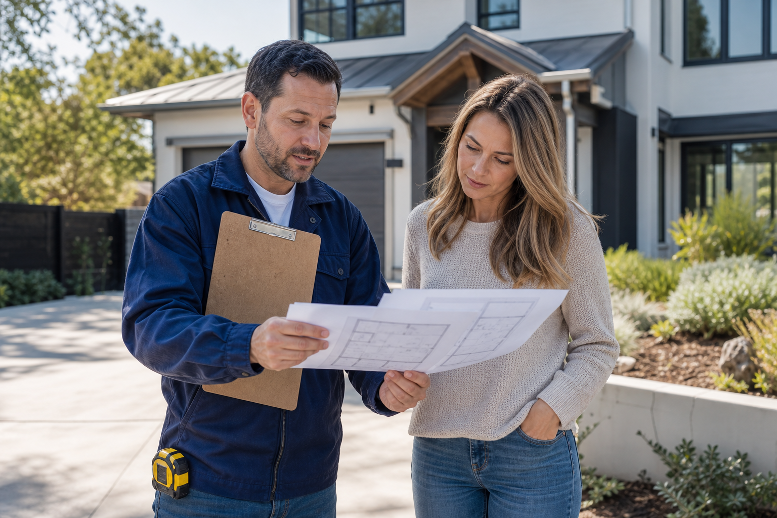 Experienced contractor reviewing residential renovation plans with a homeowner outside a single-family house