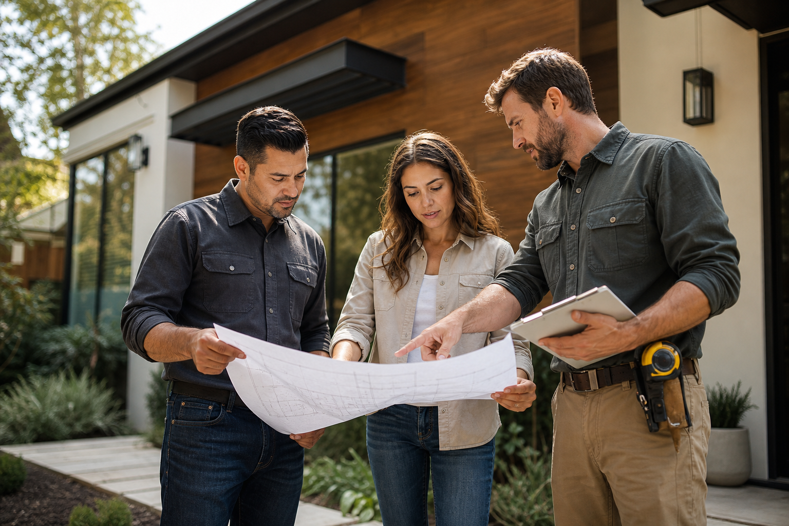 Three home improvement professionals reviewing printed renovation plans and tape measurements outside a residential home during project discussion