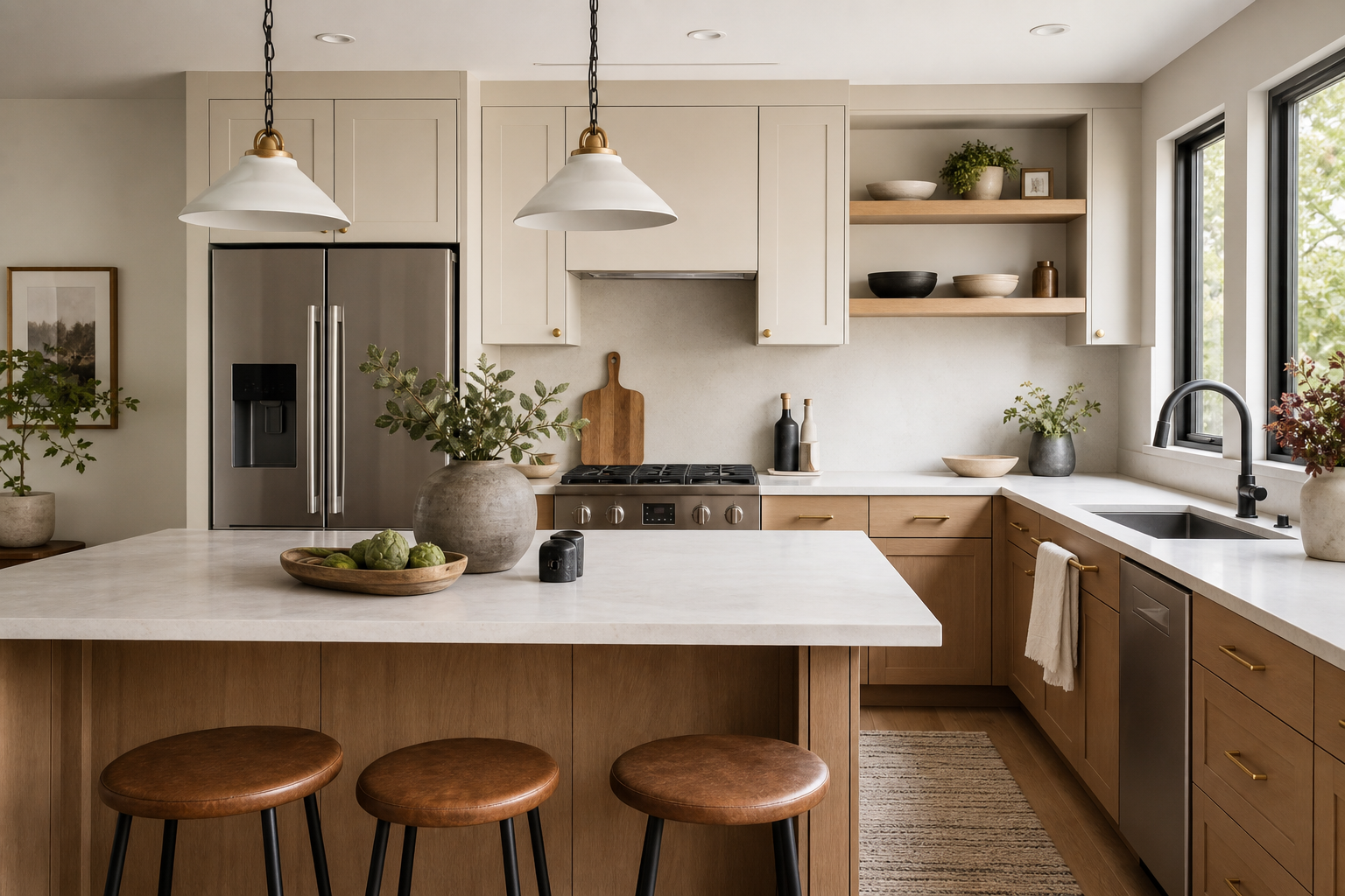 Modern remodeled residential kitchen with warm wood cabinetry, neutral countertops, and natural daylight in a West Coast home