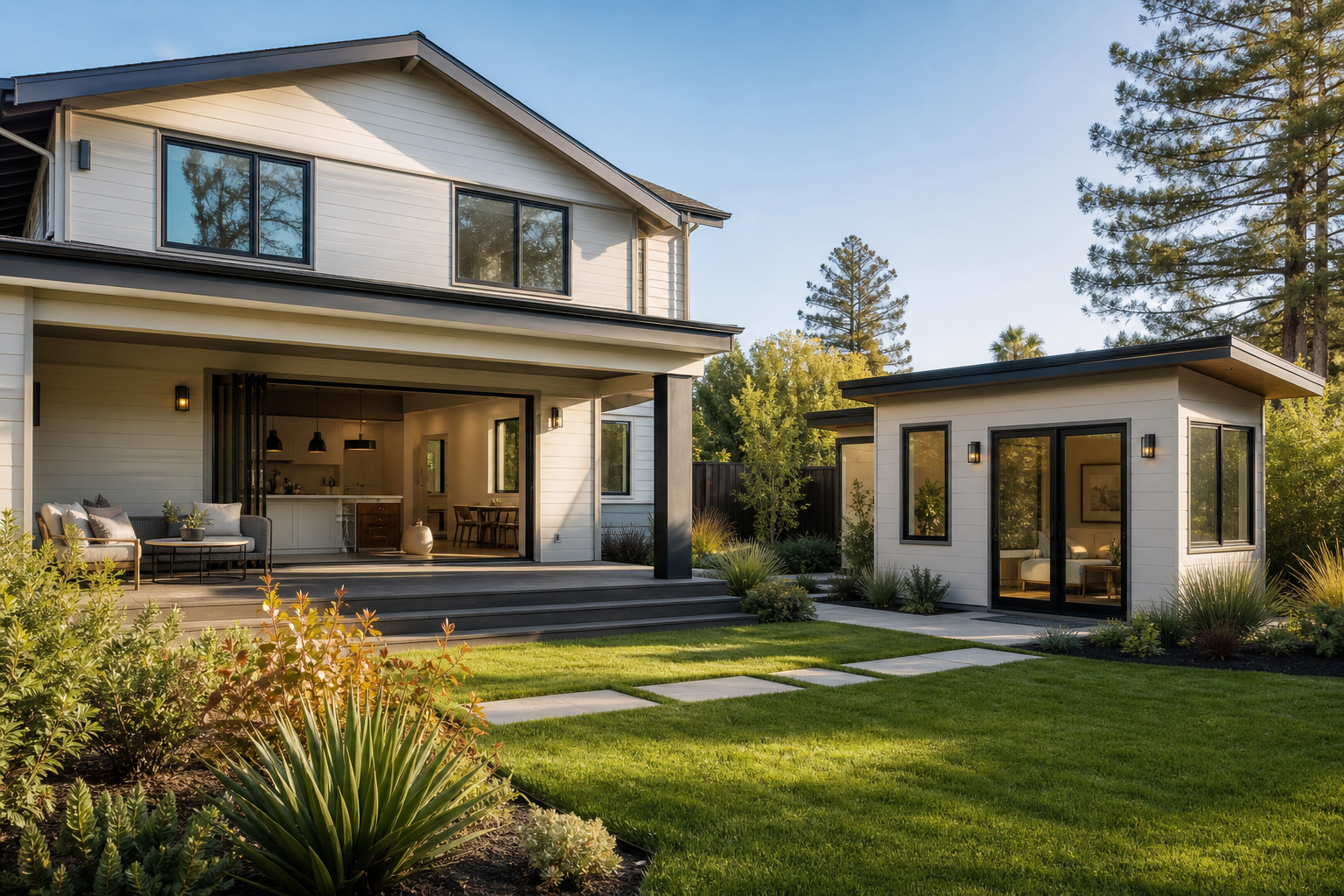 Representative backyard ADU and home addition concept with clean modern residential architecture