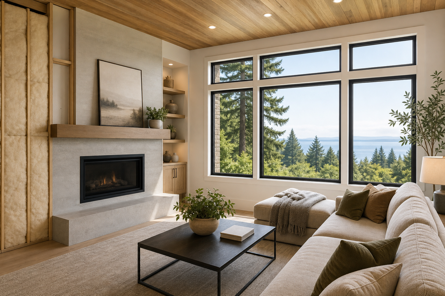 Representative bright residential living room with upgraded windows and insulation-focused comfort features