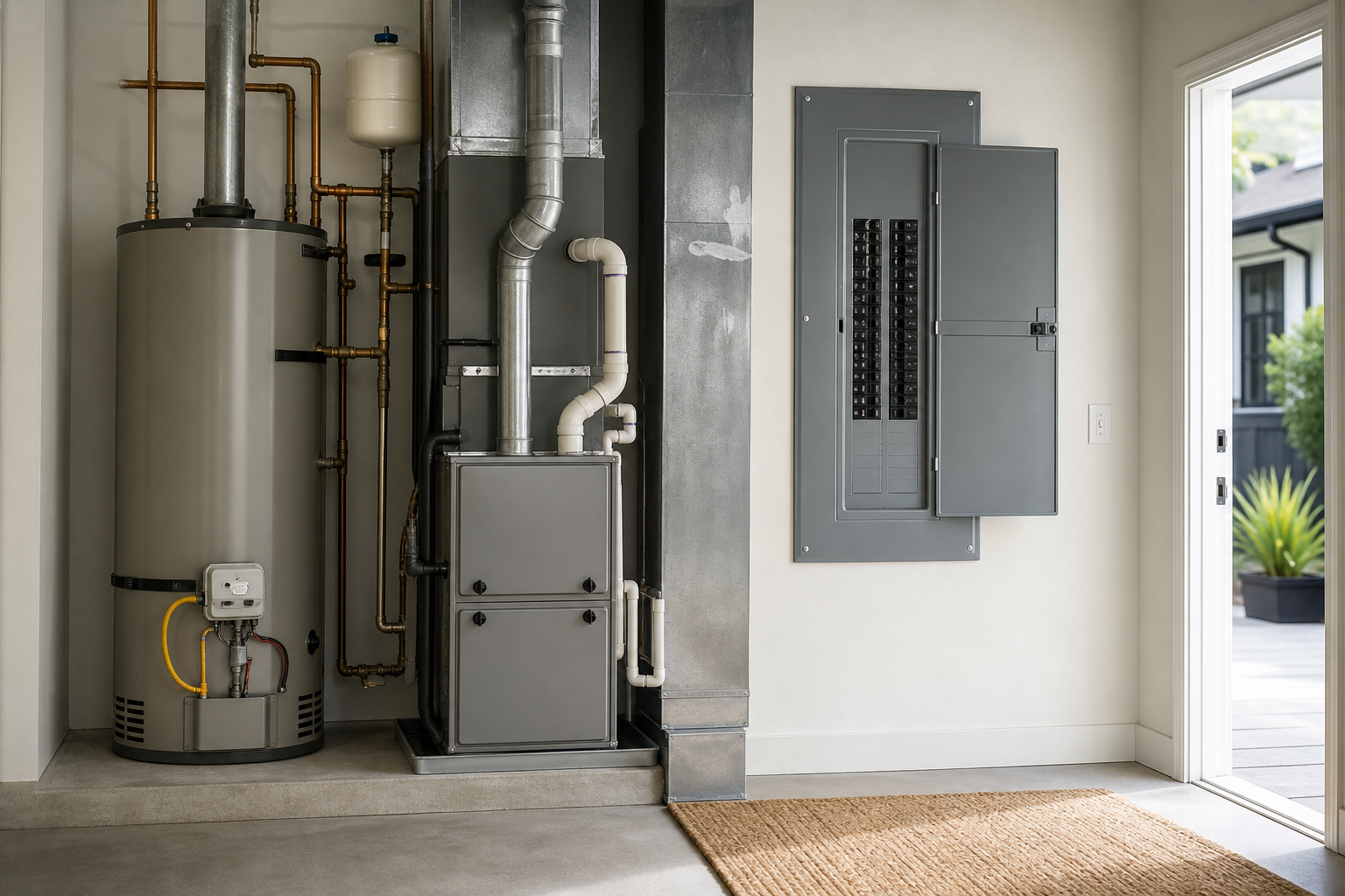 Representative utility-focused home systems scene showing organized residential mechanical and safety upgrades