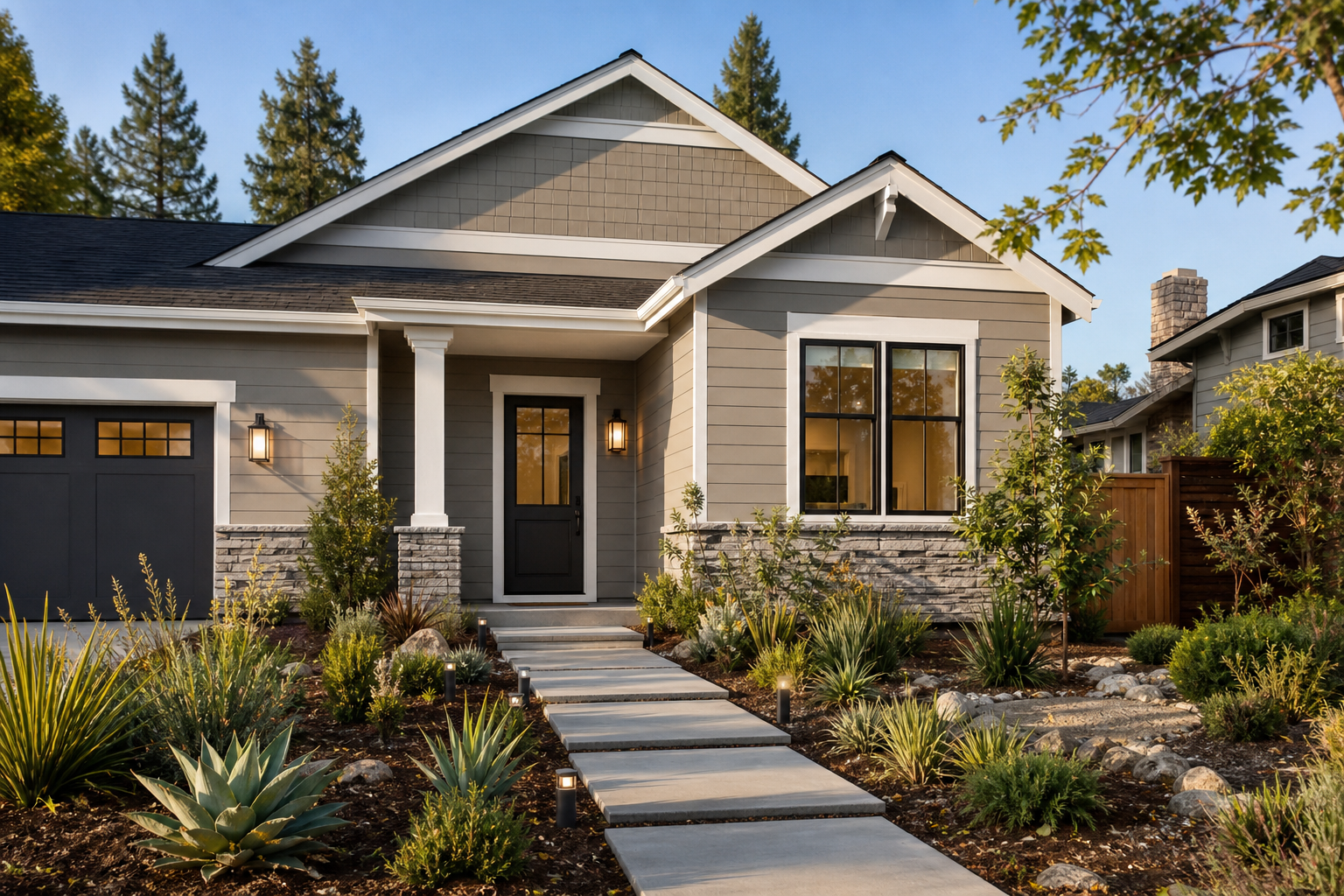 Representative exterior improvement scene with refreshed siding and entry landscaping at a West Coast residence
