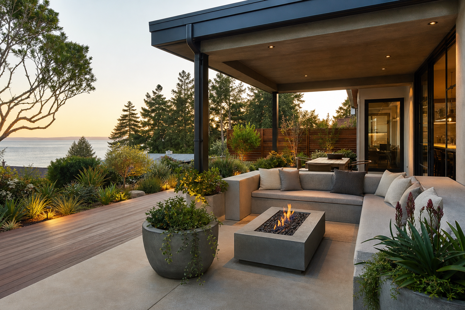 Representative outdoor living area with covered patio seating and warm evening natural light