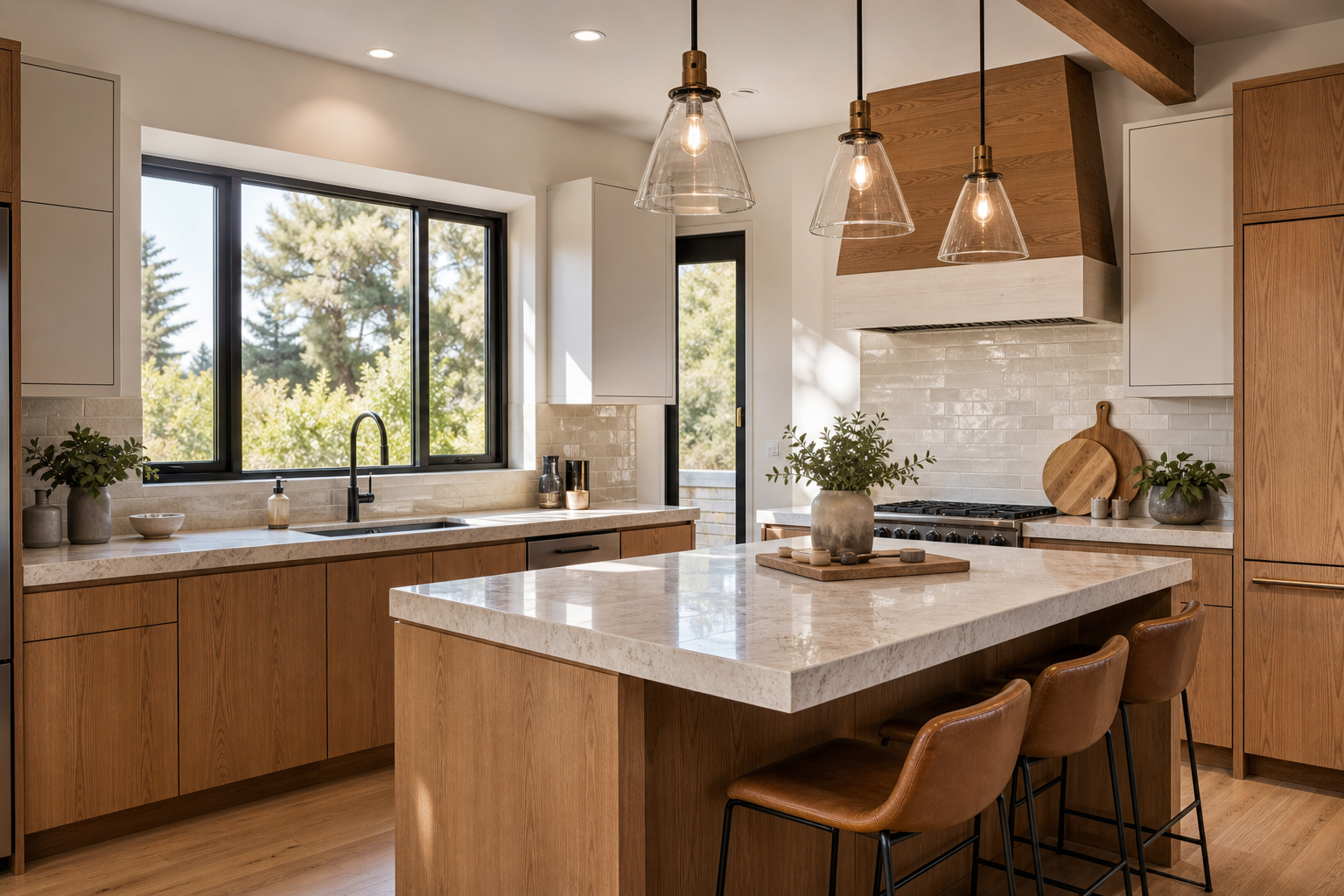Representative naturally lit kitchen remodeling concept in a West Coast single-family home