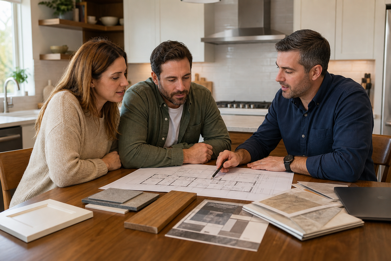 Two homeowners reviewing renovation plans with a home improvement professional at a kitchen table in a warm residential setting