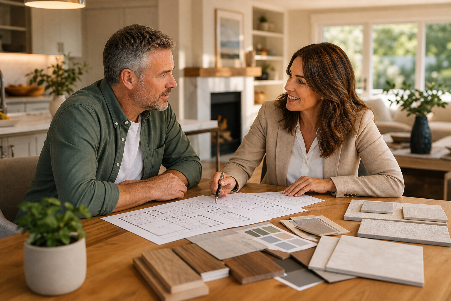 Homeowner and home improvement professional reviewing renovation plans together in a warm residential setting