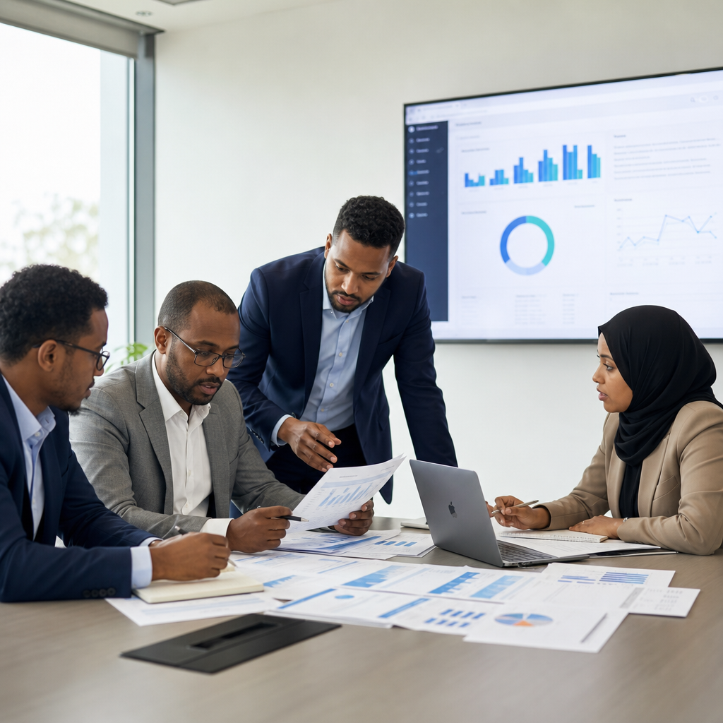 Operations planning session in a Puntland office, with East African professionals reviewing workflow charts, billing reports, and service performance dashboards in a clean corporate environment