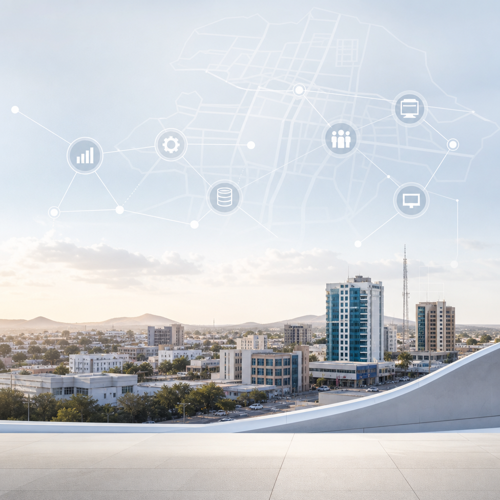 Polished corporate visual of Puntland skyline integrated with map grid and connected systems lines