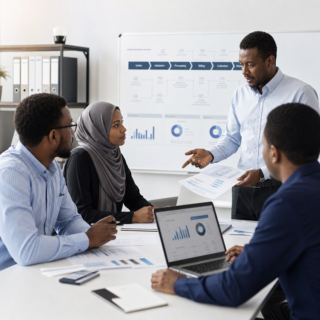 Documentary corporate operations scene showing a Puntland utility service office team reviewing billing and workflow dashboards with structured system connectors and practical management context