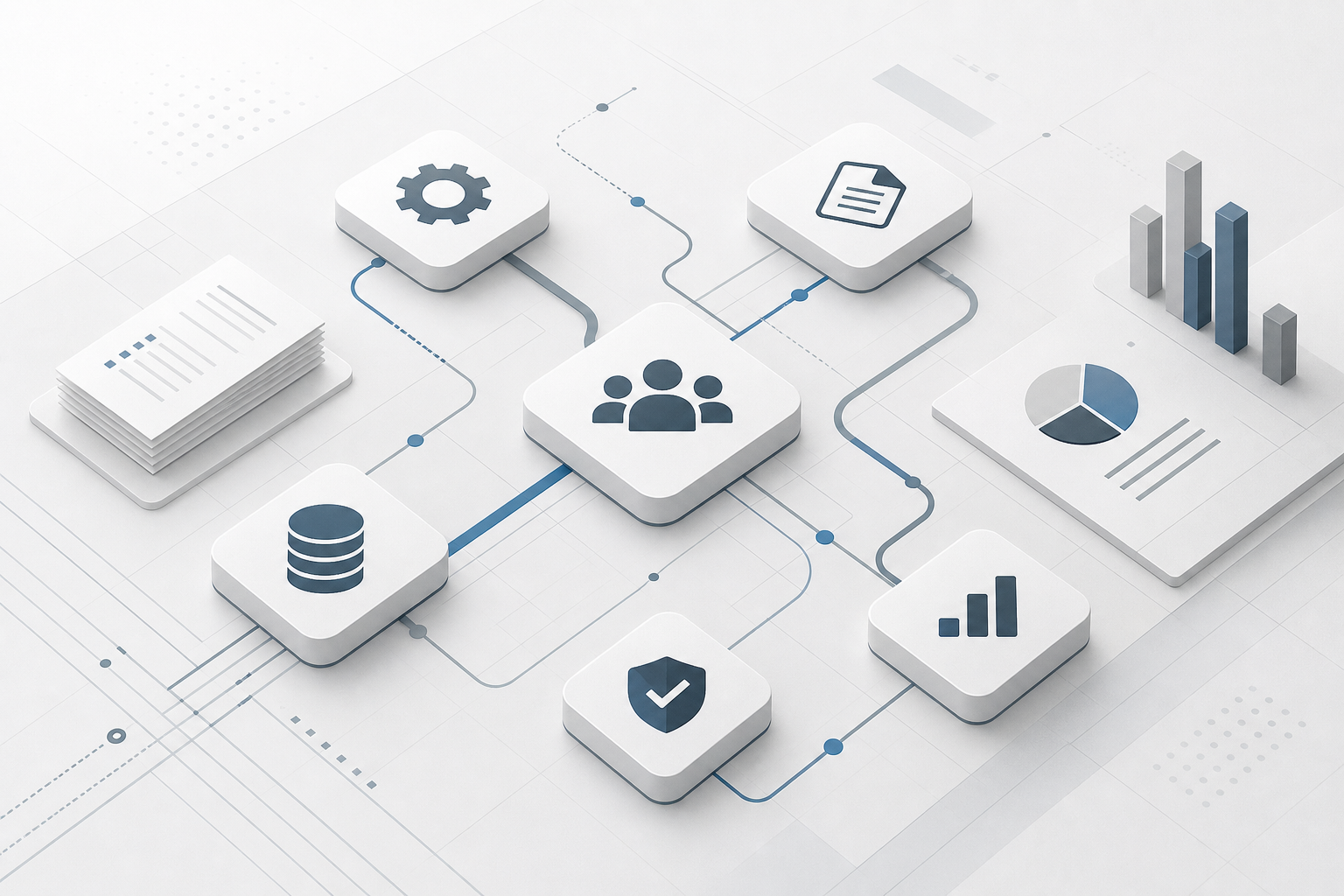 Minimal abstract process-map illustration with connected modules, reporting indicators, and structured workflow lines in a professional corporate style