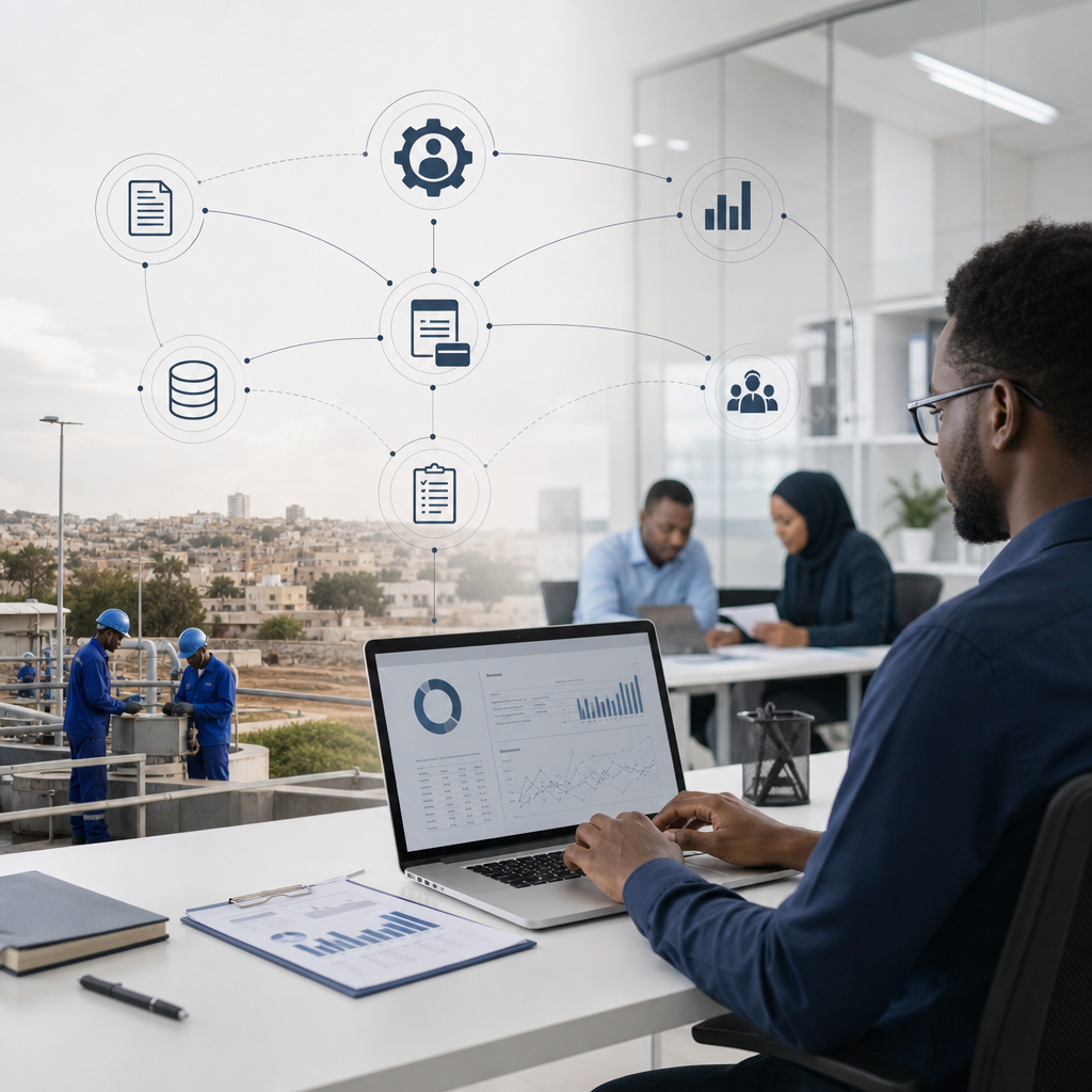 Professional abstract systems-network and operations dashboard style visual representing connected workflows, billing, data flow, and management decision support in a real-world institutional setting