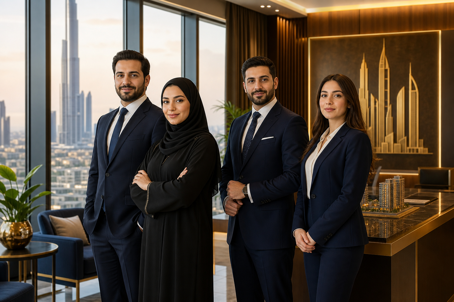 Elegant Ajman Consult advisors in a modern office with city skyline views