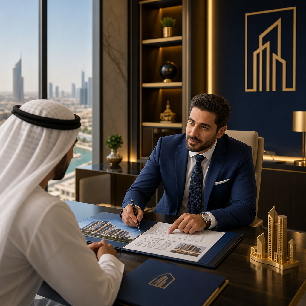 Luxury real estate consultant discussing plans with a client in a modern Ajman office