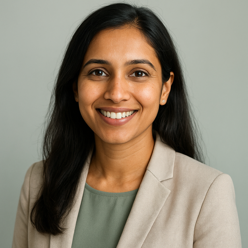 Sarah Patel, smiling investor
