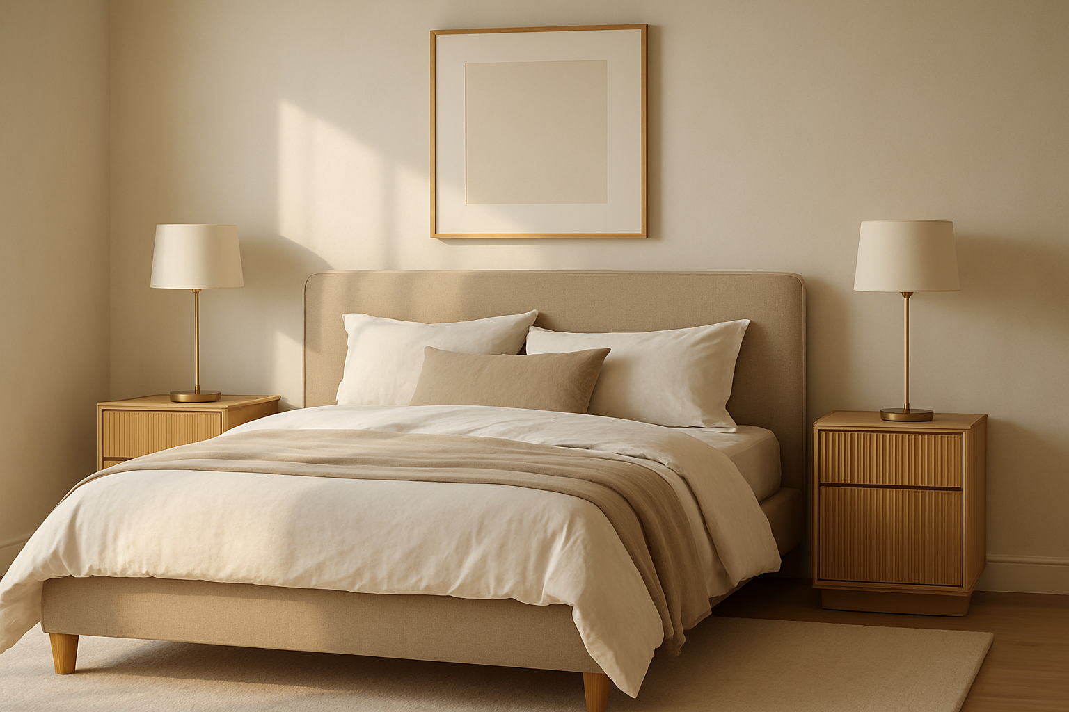 Refined bedroom decor arrangement featuring an upholstered taupe bed, layered ivory bedding, and brass bedside accents